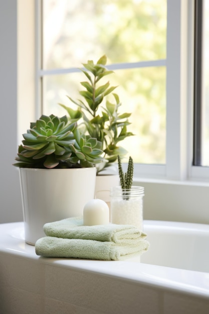 Photo a serene bathroom with a trio of small succulents on the windowsill