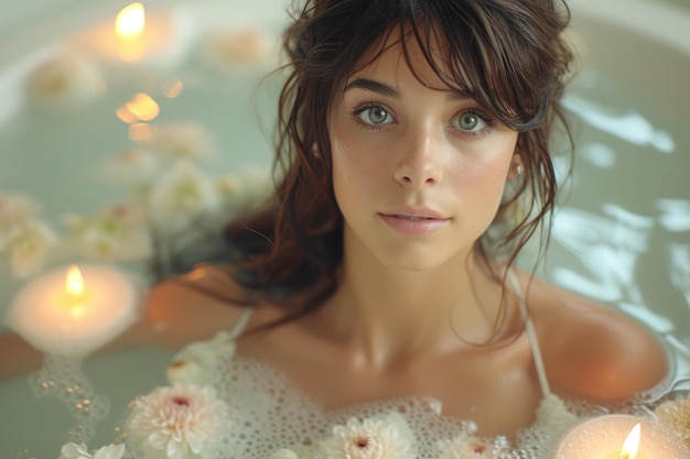 Serene Bathtub Moment With Candles and Flowers