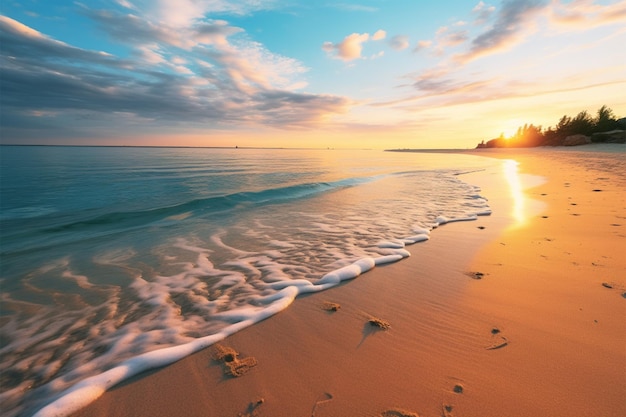 黄金色の夕日を望む静かなビーチは休暇にぴったり