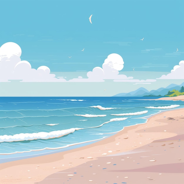 A serene beach scene with a clear blue sky