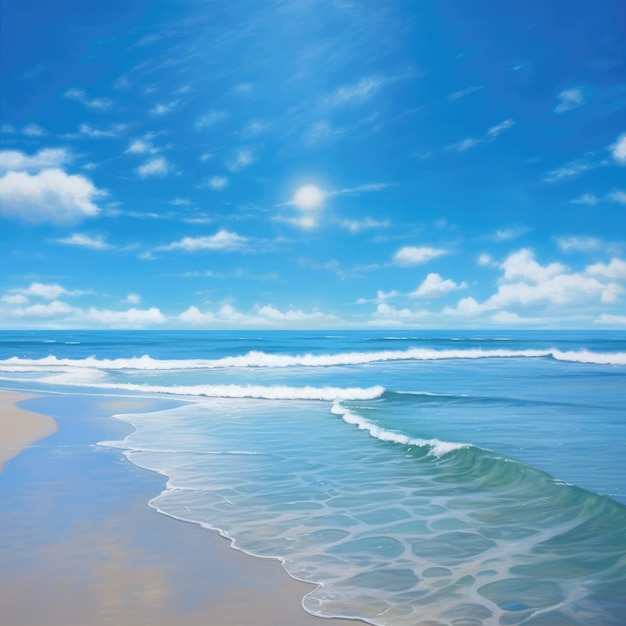 A serene beach scene with a clear blue sky