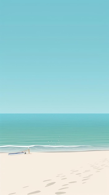 A serene beach scene with a clear blue sky