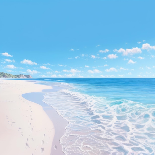 A serene beach scene with a clear blue sky