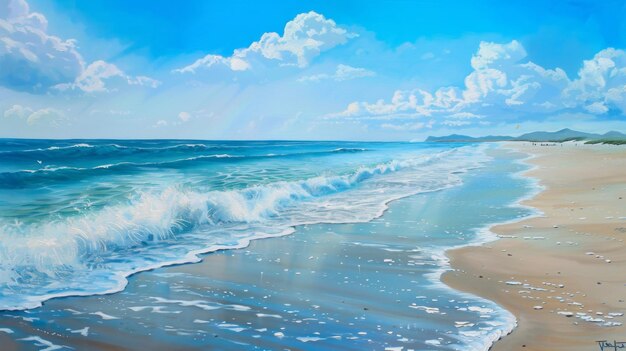 A serene beach scene with gentle waves lapping against the shore the endless horizon merging seamlessly with the azure sky a tranquil coastal vista