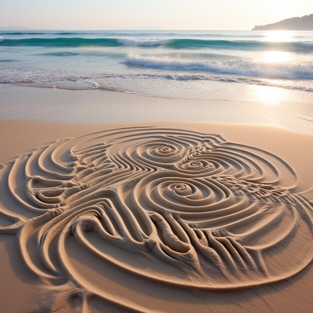 Scena serena sulla spiaggia con intricati disegni di sabbia