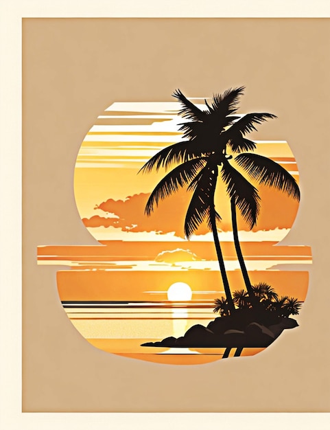 a serene beach scene with palm trees and a sunset in a minimalist style creating a calm and peacefu