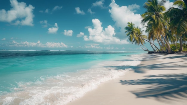 A serene beach scene with palm trees swaying in the breeze and turquoise waters lapping at the shore