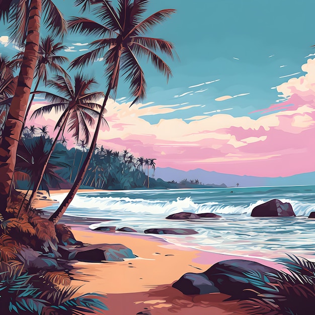 Premium AI Image | A serene beach scene with palm trees swaying in the ...