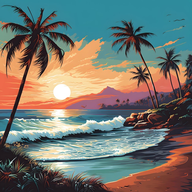 A serene beach scene with palm trees swaying in the breeze and waves gently crashing against the sh