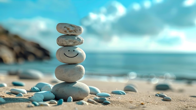 Serene beach scene with smiling stone cairn clear skies and gentle tides Perfect photo for relaxation and travel themes Ideal for wellness and nature designs AI