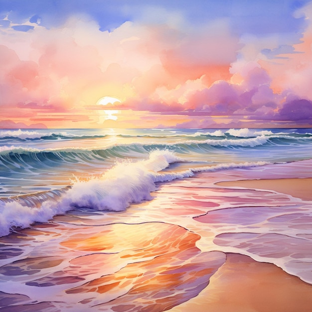 Serene beach scene with vibrant watercolor art style