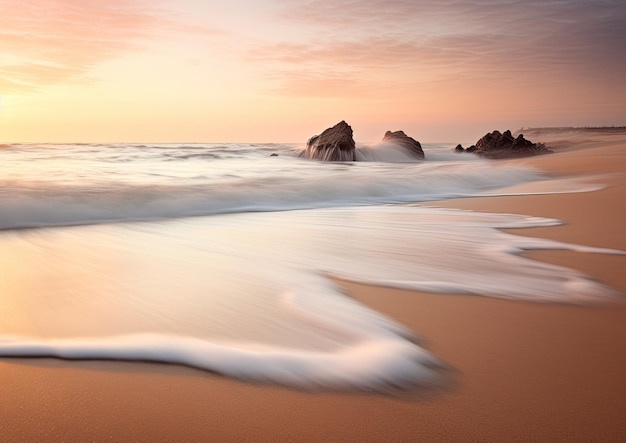 A serene beach at sunrise with gentle waves crashing against the shore The image is processed