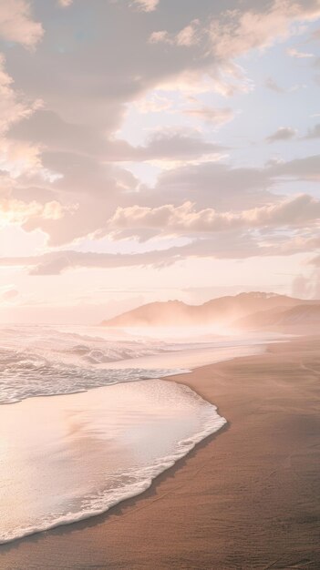 Photo serene beach at sunrise with the soft light casting a peaceful glow over the sand with copyspace