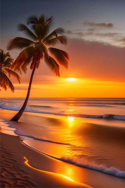 A serene beach at sunset featuring palm trees gentle waves and a warm golden glow