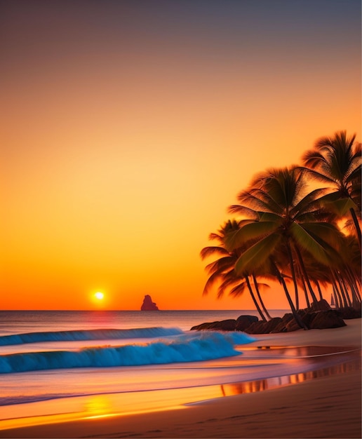 A serene beach at sunset featuring palm trees gentle waves and a warm golden glow