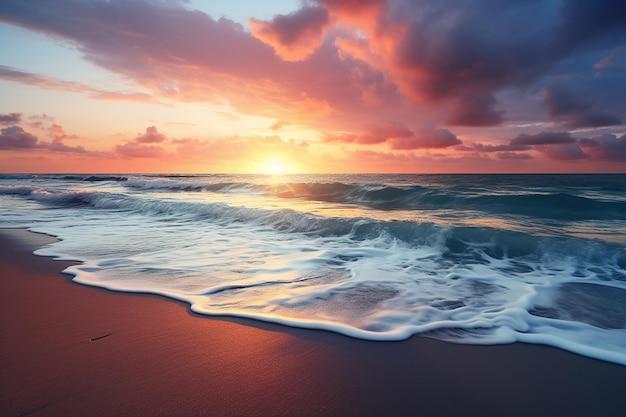 Serene Beach at Sunset Gentle Waves Rolling In