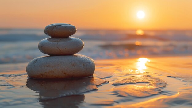 Foto sereno tramonto sulla spiaggia con una scultura in pietra equilibrata che riflette