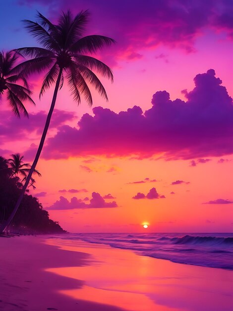 A serene beach at sunset with waves gently lapping the shore palm trees ai generated