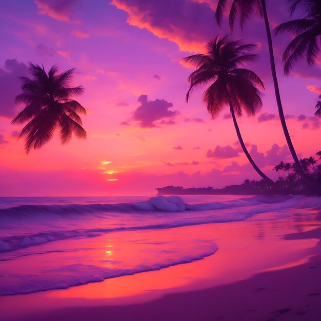 Photo a serene beach at sunset with waves gently lapping the shore palm trees ai generated