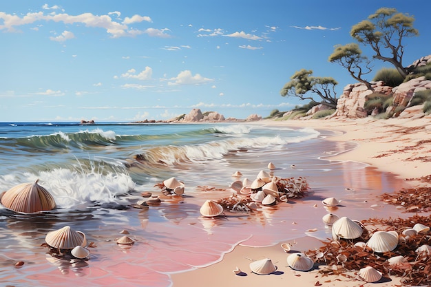 A serene beach with pinkhued seashells