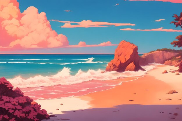 A serene beach with waves crashing against the shore and a horizon Bill Watterson generated by Ai