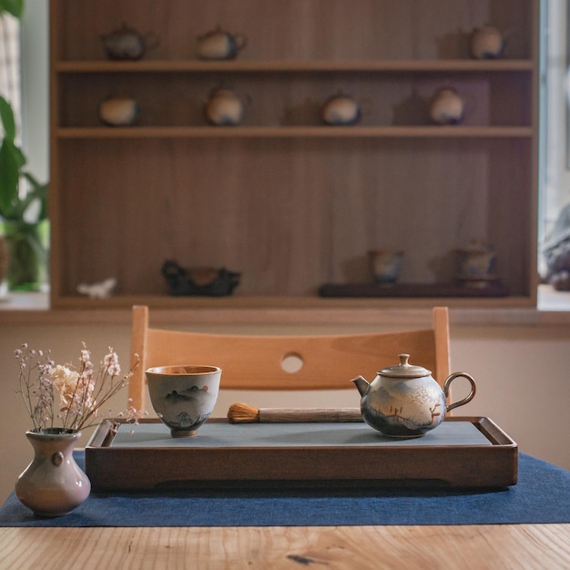 a serene and beautiful tea set display presented in a cozy and inviting interior space