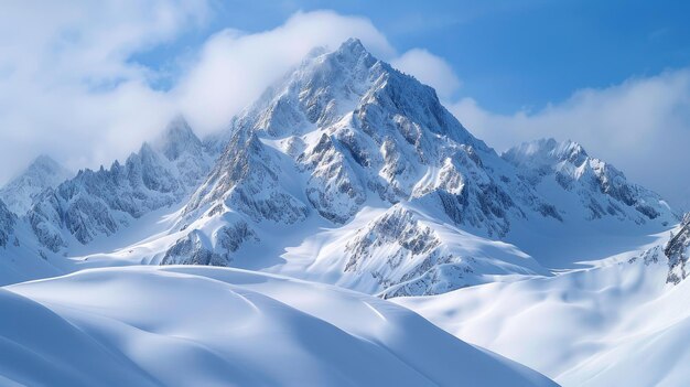 そびえ立つ山々を覆う清らかな雪で飾られたアルプスの静かな美しさ