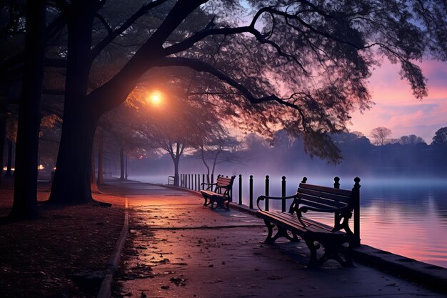 Foto la bellezza serena di un parco sul lago al crepuscolo