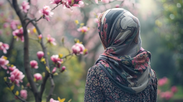 ピンクの花がく森の中に立っている静かな美しさのイスラム教徒の女性