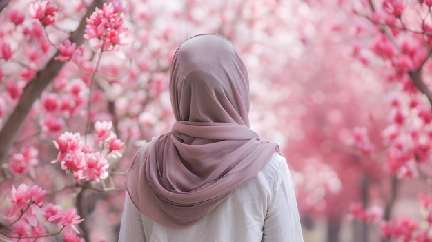 산란한 아름다움 무슬림 여성은 숲에서 핑크 꽃이 피는 나무에 서 있습니다.