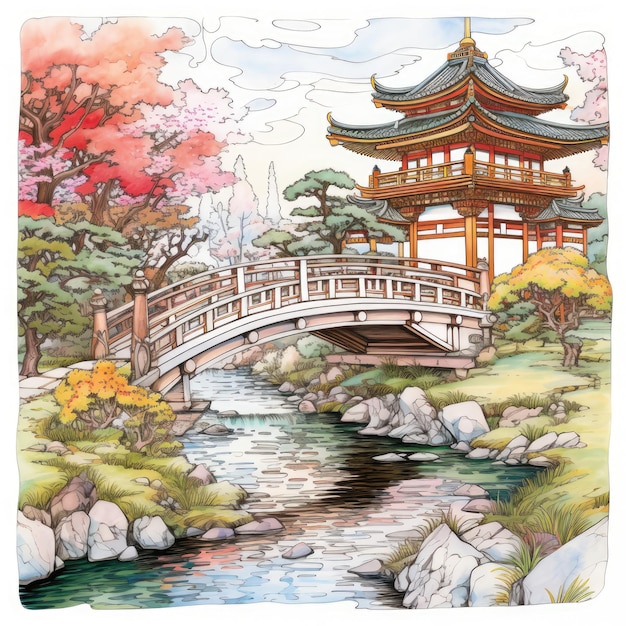 Serene Beauty Unveiling Japanese Gardens in Multicolor Coloring Book