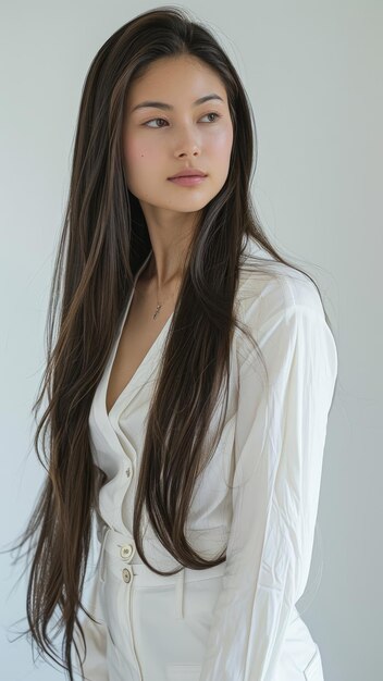 Serene Beauty in White Attire with Long Hair