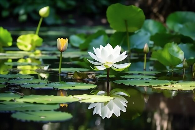 庭の池の静かな美しさの白い蓮の花