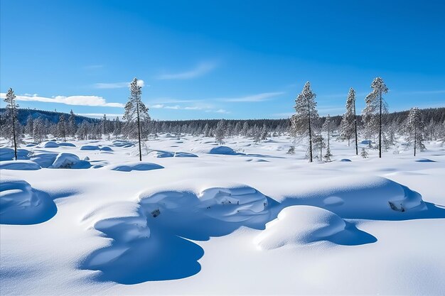 Serene beauty of a winter landscape with large snowdrifts and snowcovered trees against background
