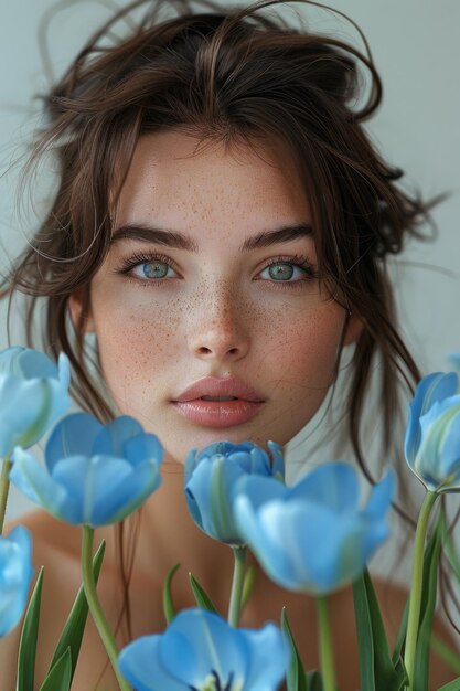 Serene Beauty with Blue Tulips Portrait of a Freckled Woman