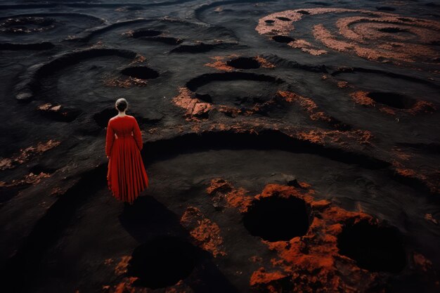 Foto bellezza serena una giovane donna alla moda che posa da sola in abito rosso abbracciando la libertà della natura contro il paesaggio panoramico del deserto