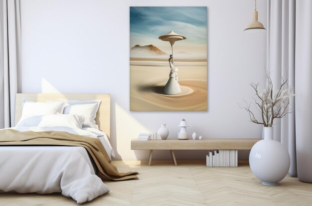 Photo serene bedroom interior with abstract wall art and earthy decor accents