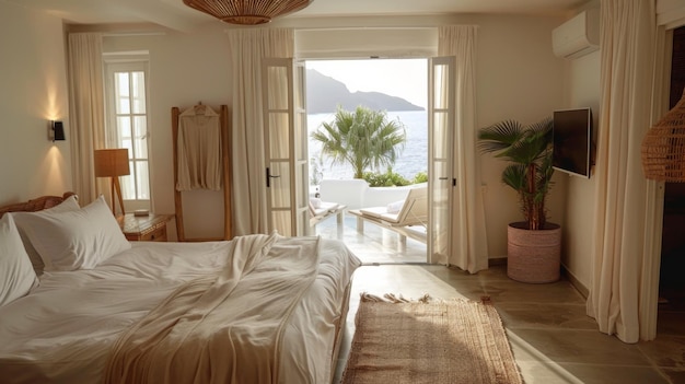 Serene Bedroom Interior with Open Terrace Overlooking the Sea for a Peaceful Retreat