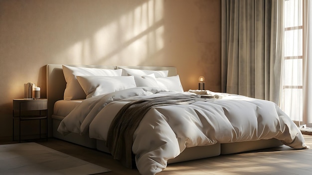 Serene Bedroom with Morning Sunlight Casting Shadows Through Window