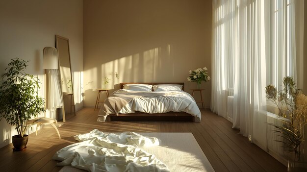 Serene Bedroom with Natural Light and Lush Plants