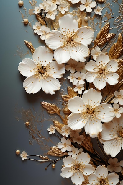 Serene beige gestructureerde achtergrond met gouden werveling en witte bloemgrens AI generatief
