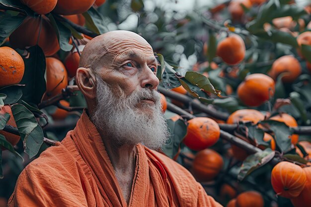 Foto serene bejaarde monnik mediteert in een rustige sinaasappelboomgaard spirituele contemplatie en harmonie