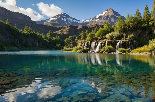 Serene bergmeer met een waterval op de achtergrond