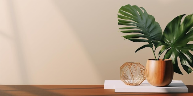 Serene binnenscène met kamerplant op houten tafel achtergrondsjabloon Gemaakt met generatieve AI-technologie