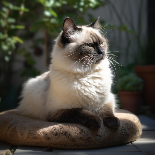 静かな庭園で瞑想する穏やかなバーマン猫