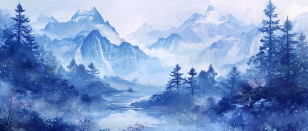 Serene Blue Mountain Landscape With Oriental Touch Watercolor Brush Texture