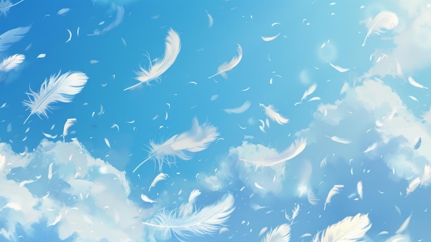 Serene Blue Sky with Falling White Feathers Generative AI