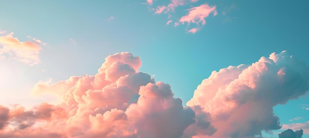 Serene blue sky with fluffy pastel pink clouds in panoramic view