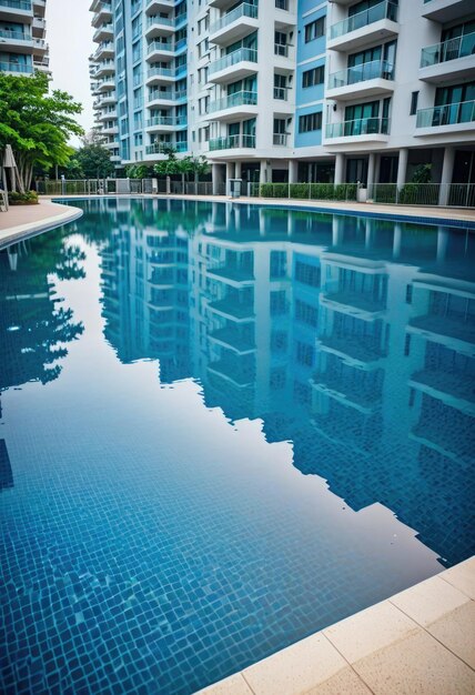 A serene blue swimming pool with the reflection of a condominium building shimmering on its surface