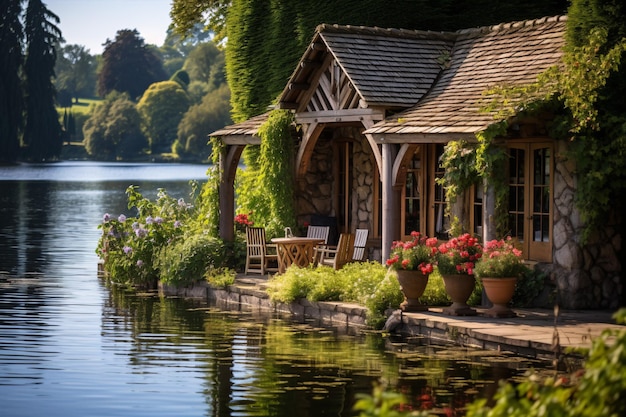緑豊かな植物に囲まれた静かな湖のほとりに佇む静かなボートハウスが、静かな水辺の安息の地を作り上げています